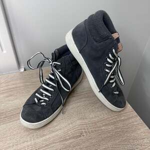 UGG Charcoal Suede Hi-Top Sneakers with Side Zip and Striped Laces, Sz 7.5